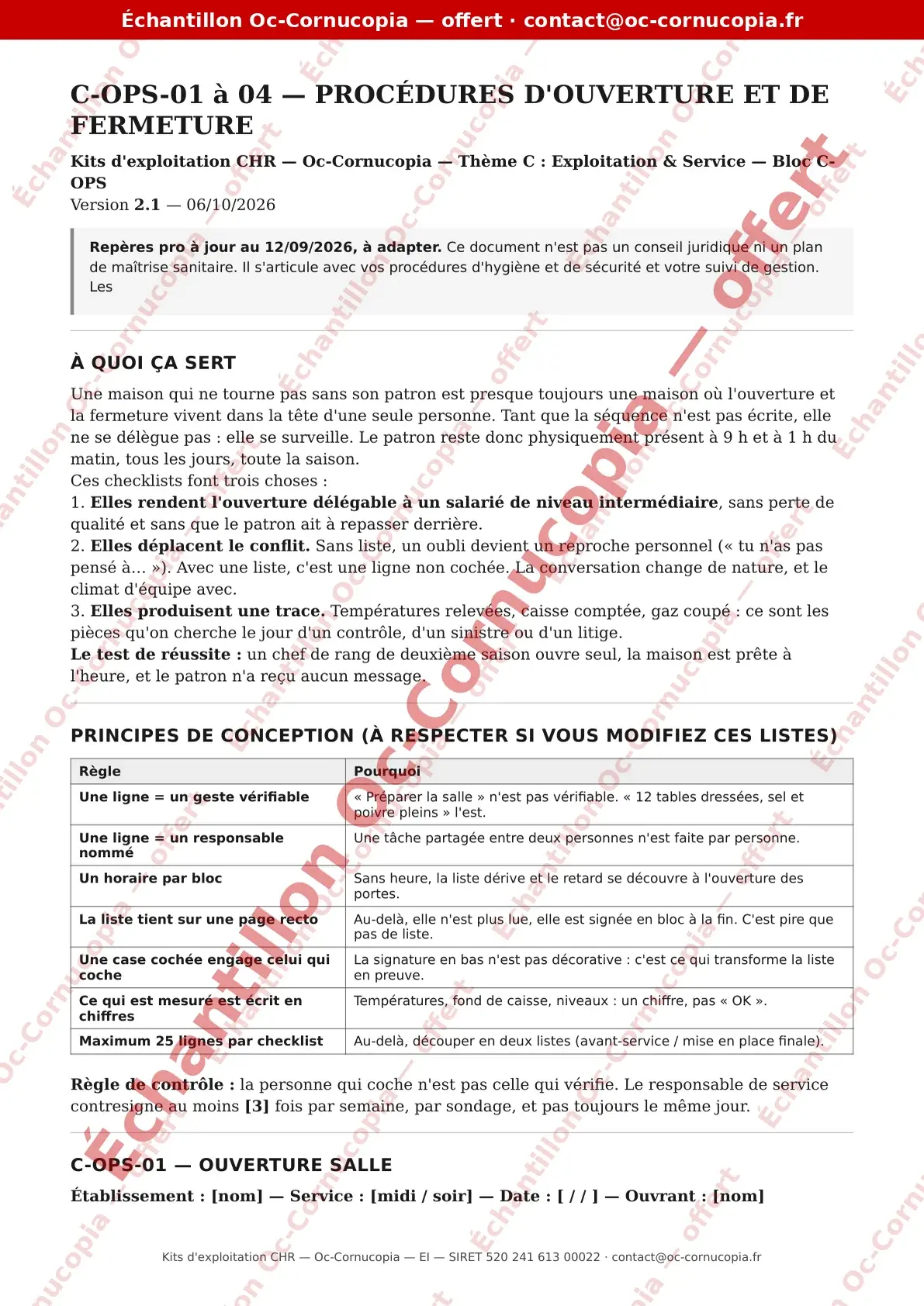 Checklist d'ouverture et de fermeture, page d'exemple avec le filigrane Exemple Oc-Cornucopia